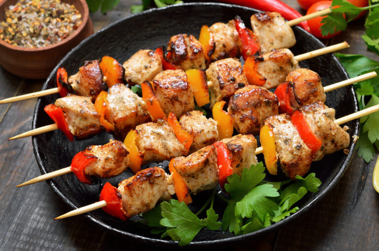Homemade grilled chicken kebab with bell pepper in frying pan